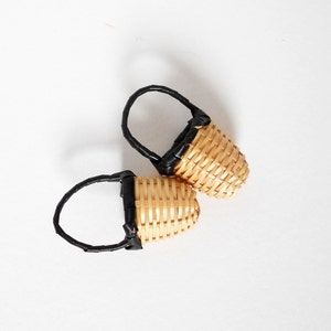 Choose 2 or 3 Mini woven baskets, beige with black handle, artisan crafted vintage NOS For faux flowers, mini fruits etc. 1 3/8&quot; tall x 3/4&quot;