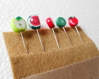 Fruit Pin Toppers. Cross Stitch Counting Pins. Pincushion Decor, polymer clay decorated pins