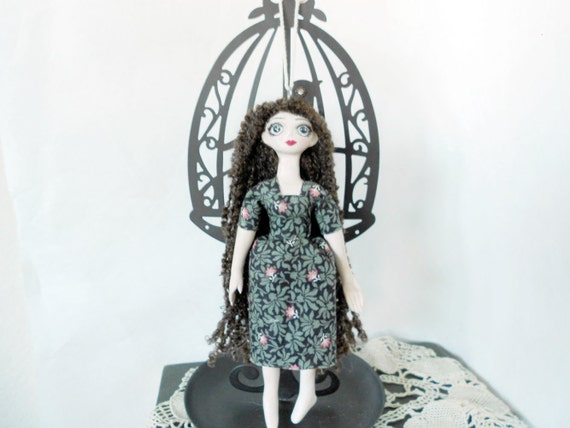 Primitive Spooky Polymer Clay Art Doll, Mixed Media Hanging Miniature, Floral Dress