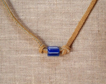 Royal Blue Striped Lampwork Glass Bead Necklace on 17 inch Suede Cord Unisex