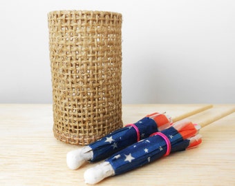 Miniature tall woven basket with or without 2 paper parasols/umbrellas for dollhouse, mini hamper laundry basket  REF 20