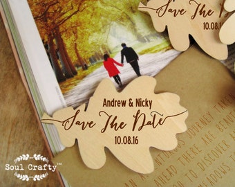 Save The Date Wooden Oak Leaf Fridge Magnet, Engraved Rustic magnet, Autumn wedding invitation, fall save the date, wood wedding invitations