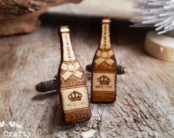 Wooden Champagne bottle Bronze Cufflinks Alcohol Sparkling Wine Dad father's day Grooms Best man Groomsman Rustic Wedding Birthday Gift