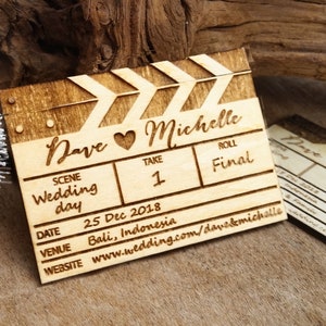 Save The Date Wooden Movie Clapper Board Fridge Magnet Engraved Rustic Invitation For Movie Theme Wedding