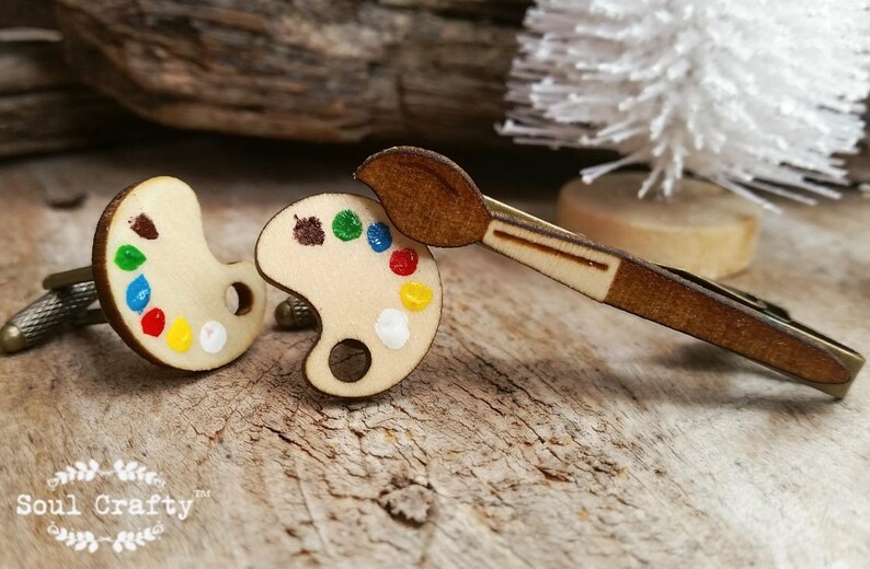 Wooden painter palette bronze cufflinks, artist painting brush Tie Clips Set, Gift for artist man, Wedding gift for groom, Gift for him image 1