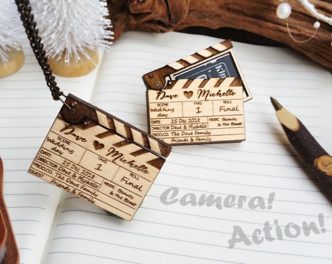 Personalized Movie Clapper Board SD Memory Card holder Necklace, Wooden case for Wedding Photos, Birthday gift for actor, Anniversary gift