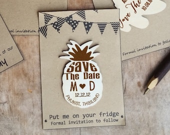 Pineapple Save The Date, Tropical save the date magnet, Wooden Fridge Magnet, Summer wedding invitation, Rustic save the date magnet