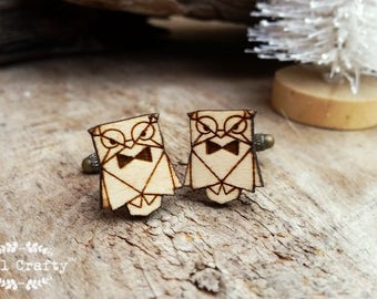 Origami Owl Wooden Cufflinks Geometric Owl bow tie Dad Grooms Best man Groomsman Rustic Wedding Birthday Gift Cuff links