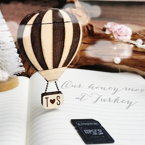 Personalized Hot air Balloon SD Memory Card holder Magnet, Wedding Photos storage box, birthday gift for photographer, Honeymoon photo album