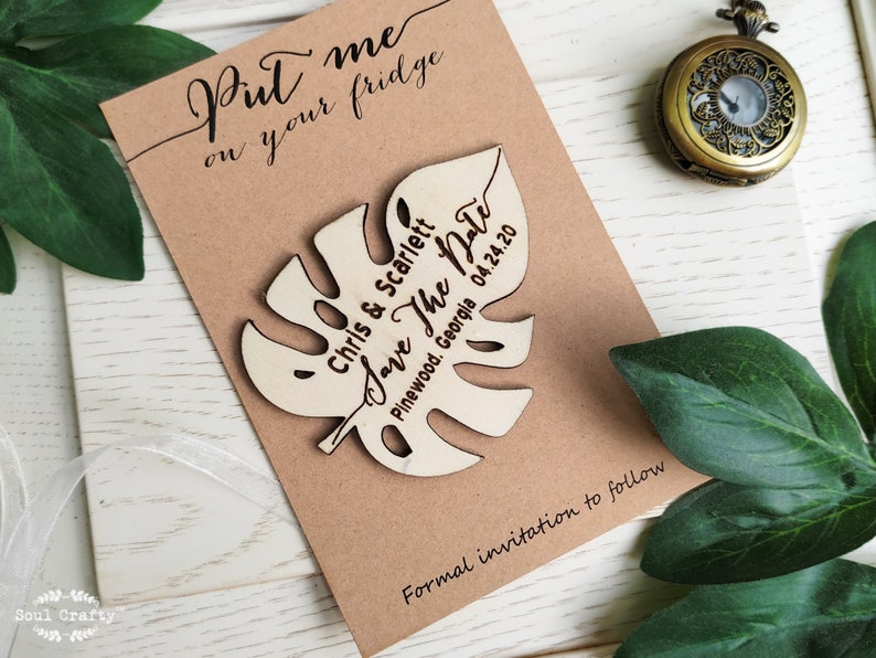 Wooden Monstera Deliciosa Save The Date Fridge Magnet Engraved Rustic Tropical Garden Wedding Gift invitation or Bridal Shower image 2