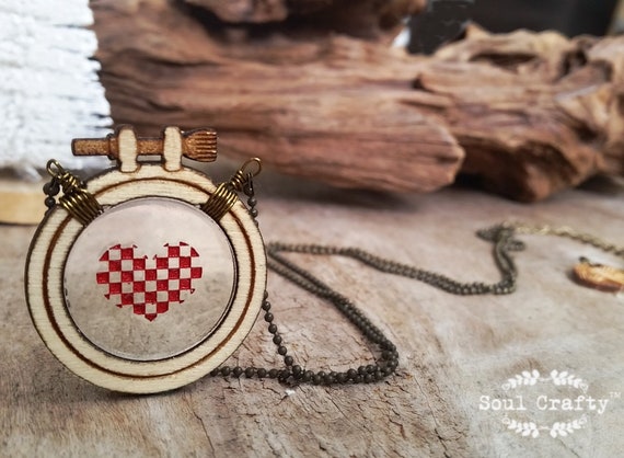 Cross Stitch Red Heart Wooden Necklace Birthday Valentine Mother's day Wedding BFF Best friend gift Il_570xn