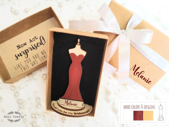 Personalized Will You Be My Bridesmaid proposal gift idea with box, burgundy red, gold,white wooden dress for Maid of honor, Matron of honor Il_570xn