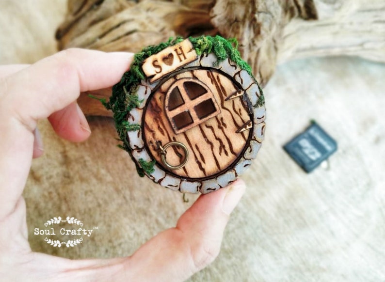 Personalized Fairy or Hobbit House Door, SD memory card Wooden holder magnet, Wedding photos storage box, Gift for fairy tale themed couple image 6