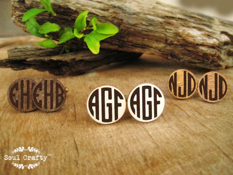 Wooden block monogram bronze cufflinks, Personalized wooden box with name, gift for groom from bride on wedding day, gift for grooms dad image 3