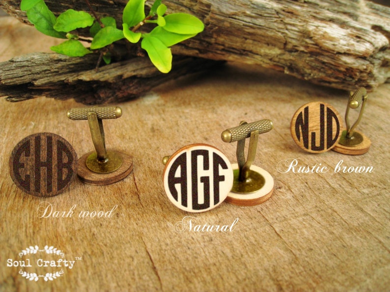 Wooden block monogram bronze cufflinks, Personalized wooden box with name, gift for groom from bride on wedding day, gift for grooms dad image 2