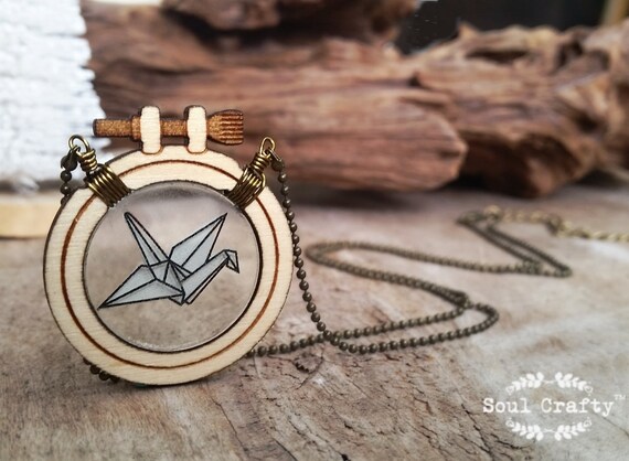 Cross Stitch Paper Crane Wooden Necklace Birthday Valentine Mother's day Wedding BFF Best friend gift Il_570xn