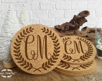 Set of 6 Cork Coaster Engraved Personalized Laurel Wreath Monograms Initial Groom Bride Bridesmaid Groomsman Rustic Wedding Gift