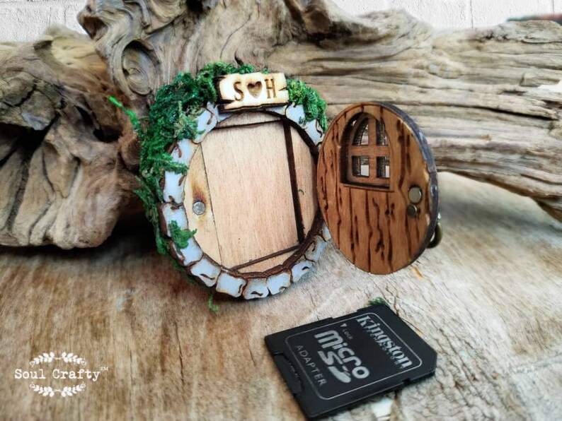 Personalized Fairy or Hobbit House Door, SD memory card Wooden holder magnet, Wedding photos storage box, Gift for fairy tale themed couple image 2