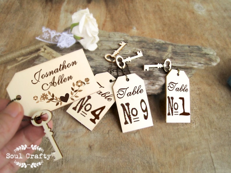 Vintage key Escort Card tag Engraved Wooden Place cards Barn Rustic Wedding Gift Tags Pack of 30 / 50 / 80 / 100 image 2