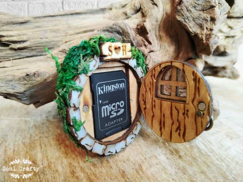 Personalized Fairy or Hobbit House Door, SD memory card Wooden holder magnet, Wedding photos storage box, Gift for fairy tale themed couple image 5
