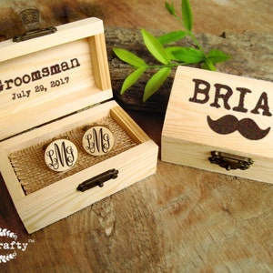 Wooden curly monogram bronze cufflinks, Cuff links with customized box, Thank you gift for groomsman, Personalized rustic wedding gift