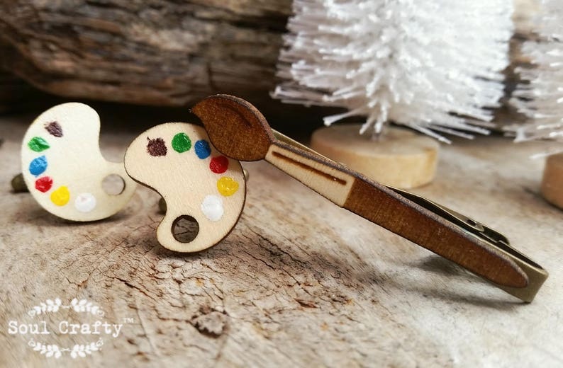 Wooden painter palette bronze cufflinks, artist painting brush Tie Clips Set, Gift for artist man, Wedding gift for groom, Gift for him image 2