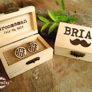 Wooden block monogram bronze cufflinks, Personalized wooden box with name, gift for groom from bride on wedding day, gift for grooms dad image 1