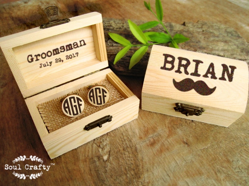 Wooden block monogram bronze cufflinks, Personalized wooden box with name, gift for groom from bride on wedding day, gift for grooms dad image 1