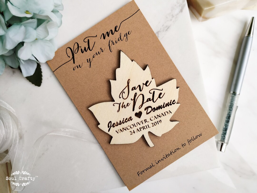 Wooden Maple Leaf Save the Date Fridge Magnet Engraved Rustic Autumn ...