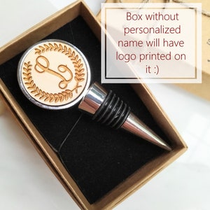 Initial Laurel Wreath 41mm Round Silver Wine Bottle Stopper, Personalized gift box, Anniversary gift for husband, Wedding gift for couple No, thank you :)