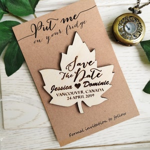 Wooden Maple Leaf Save the Date Fridge Magnet Engraved Rustic Autumn ...