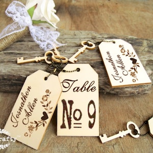 Vintage key Escort Card tag Engraved Wooden Place cards Barn Rustic Wedding Gift Tags Pack of 30 / 50 / 80 / 100 image 1