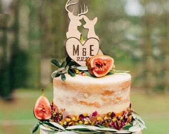 Buck doe wedding cake topper, rustic wedding cake topper wood, wooden cake topper initial, personalized cake topper, country chic wedding