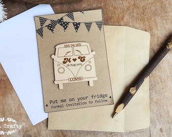 Save The Date Wooden Camper van Fridge Magnet, Save the date magnet with card, Camper theme invitation, Destination wedding save the date