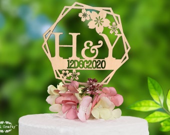 Personalized Hexagon cherry blossom cake topper, cake topper initials, topper for wedding cake, minimalist cake topper, cake cutting