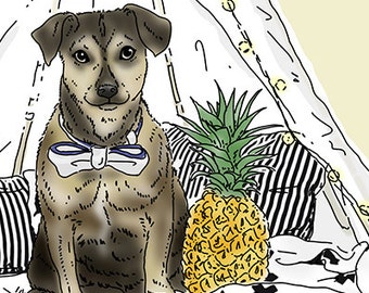 Portrait numérique d'animal de compagnie personnalisé 8 x 10, pinscher nain, portrait de chien, art de la chambre de la chambre de bébé, art de la chambre de bébé, tipi, ananas, moderne