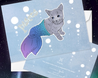 Pisces Cat zodiac sign + lucky color cards Greeting Card (5x7 size) , CAT ASTROLOGY, zodiac sign cards, grey cat, mermaid cat,  Russian blue