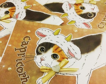 Capricorn Cat zodiac sign + lucky color cards Greeting Card (5x7 size) Capricorn, CAT ASTROLOGY, zodiac sign cards, Calico cat