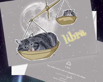 Libra Cat zodiac sign + lucky color cards Greeting Card (5x7 size) Cat astrology, silver tabby cats, siberian