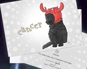 Cancer Cat zodiac sign + lucky color cards Greeting Card (5x7 size) Cat astrology, black cat, blue eyes, Turkish Angora, American shorthair