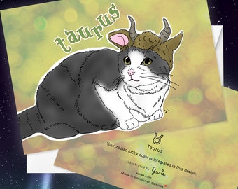 Taurus Cat zodiac sign + lucky color cards Greeting Card (5x7 size) tuxedo cat, Bicolor cat, black and white cat