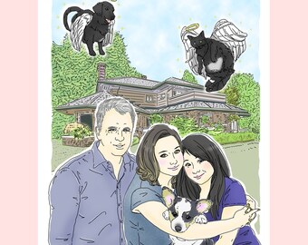 8x10 Custom Family Portrait, corgi, black labrador angel, black cat angel, pet angels, heritage house