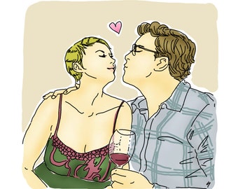 Illustration de portrait de mariage personnalisé : portrait numérique dessiné à la main, cadeau d'anniversaire ou de pendaison de crémaillère personnalisé (format carte postale, 2 personnes)