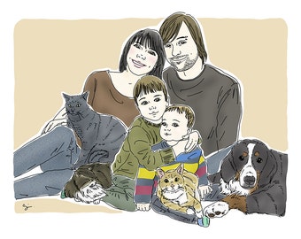 8x10 Custom Family Portrait, cat portraits, dog portraits, baby portrait, big family portrait