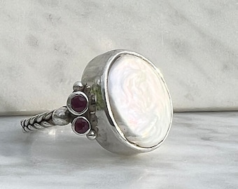 Baroque Pearl Ring with 3 rough cut rubies