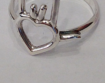 Sterling Silver "I Love You" Sign Language Symbol - Heart Ring -