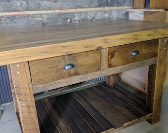 Rustic Kitchen Island Made From Reclaimed Oak Barnwood, Made to Order