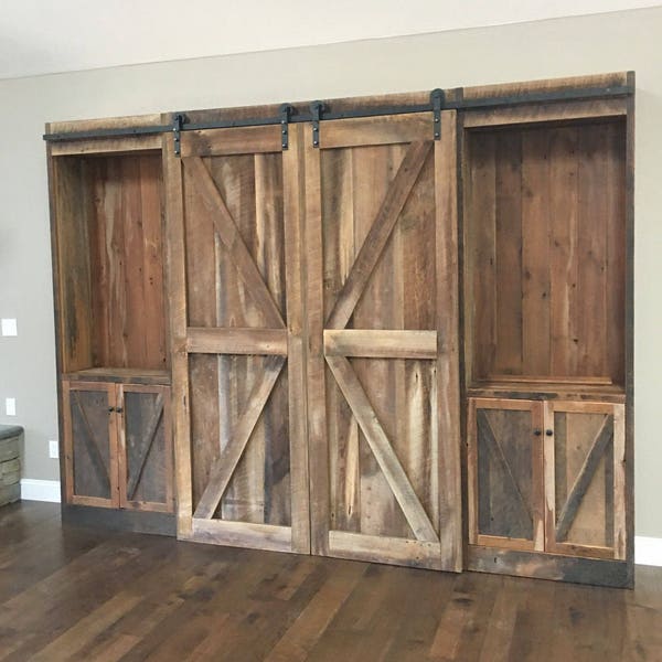 Entertainment Center made of Reclaimed Rustic Pine Barn Wood with Sliding Barn Doors, Made to Order