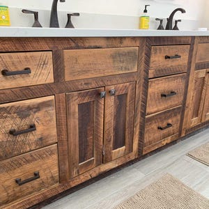Reclaimed Barnwood large double sink vanity with storage, handmade Shaker Style, made in the United States, 84" Byrd