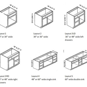 May include: Diagram showing five different layouts for kitchen cabinets with dimensions in inches. The layouts include single and double sink options, as well as left and right drawer configurations.